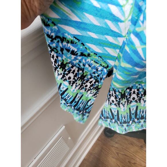 Ruby Rd. Blouse Top Womens XL White Blue Palm Leafs Side Slit Keyhole Round Neck - Picture 9 of 13
